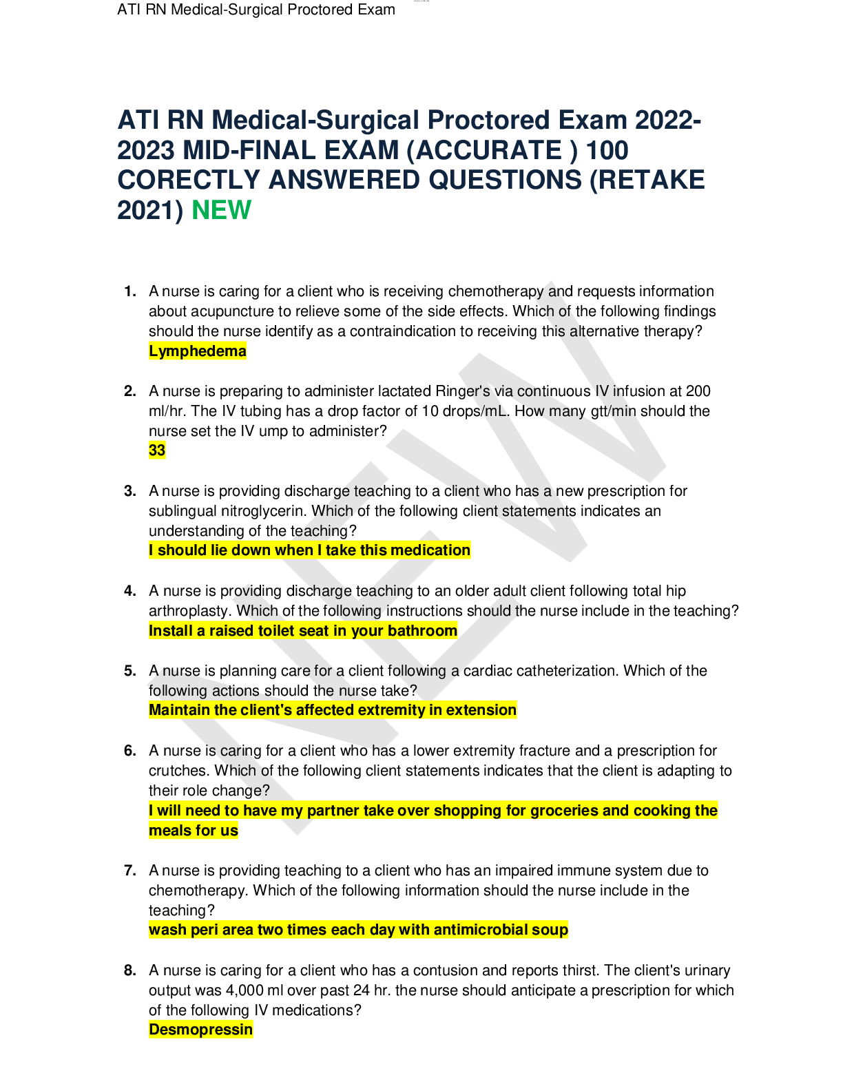 Preview of ATI RN Medical-Surgical Proctored Exam 2022-2023 MID-FINAL EXAM (ACCURATE ) 100 CORECTLY A